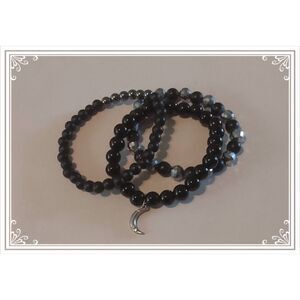 Set of (3) Black & Silver Faceted Beads & Dangling Moon Stretch Bracelet Set~kn